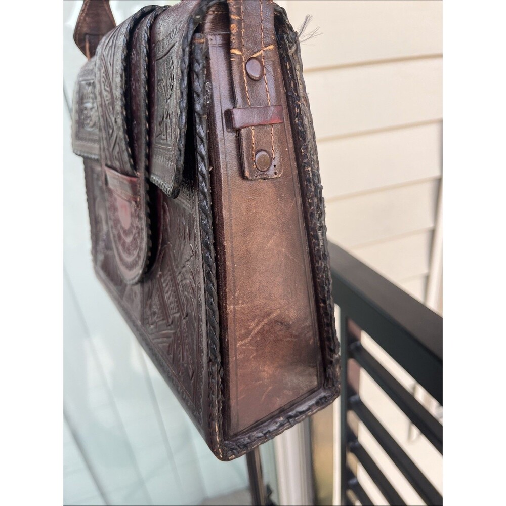 Vintage Mexican Aztec Mayan Tooled Brown Leather Handbag Purse Boho Hippie Vibe - Picture 8 of 16